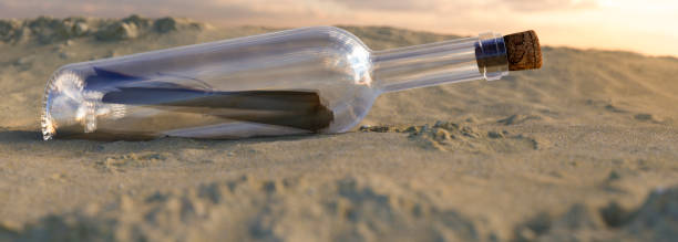 сообщение в бутылке, вымытой на пляже 3d рендер - stranded message in a bottle island document стоковые фото и изображения
