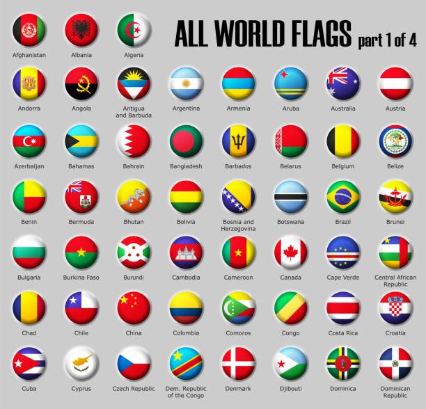установите все флаги мира часть 1 из 4 на глянцевую сферу с тенью с названиями - brazilian flag brazil flag three dimensional shape stock illustrations