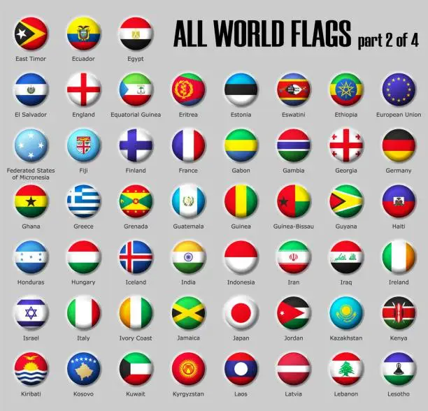 Vector illustration of Set all World flags part 2 of 4 on glossy sphere with shadow with names on a gray background