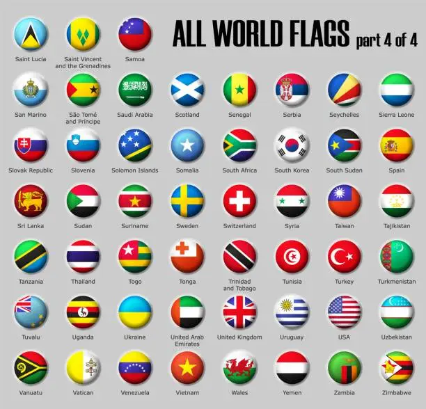 Vector illustration of Set all World flags part 4 of 4 on glossy sphere with shadow with names