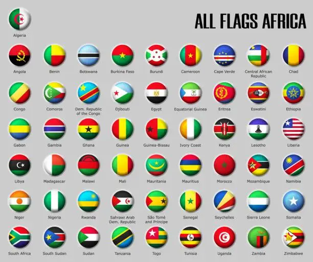 Vector illustration of Set flags Africa on glossy sphere with shadow with names