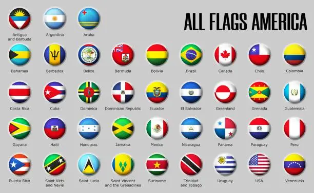 Vector illustration of Set flags America on glossy sphere with shadow with names