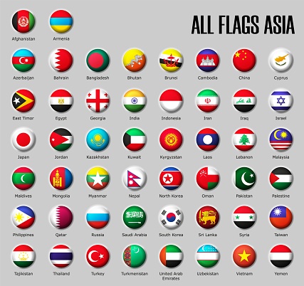 Set flags Asia on glossy sphere with shadow with names