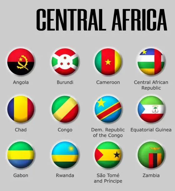 Vector illustration of Set flags central Africa on glossy sphere with shadow with names