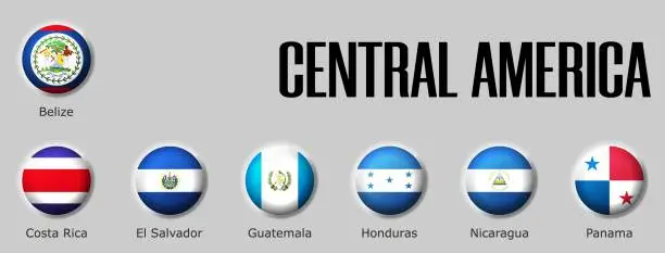 Vector illustration of Set flags central America on glossy sphere with shadow with names