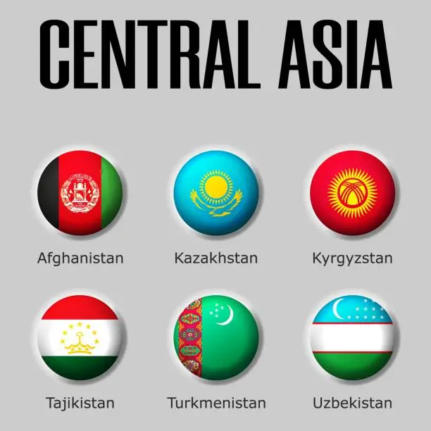 Vector illustration of Set flags central Asia on glossy sphere with shadow with names