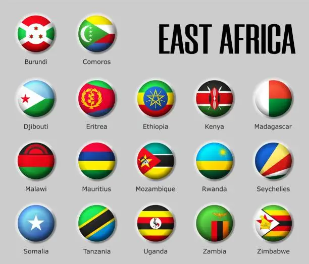 Vector illustration of Set flags East Africa on glossy sphere with shadow with names