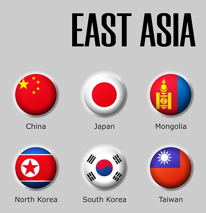 Set flags East Asia on glossy sphere with shadow with names