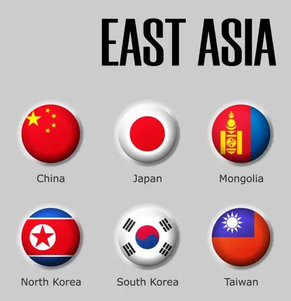 Vector illustration of Set flags East Asia on glossy sphere with shadow with names