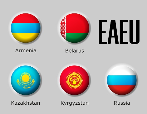Set flags Eurasian Economic Union on glossy sphere with shadow with names on a gray background