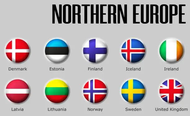 Vector illustration of Set flags Northern Europe on glossy sphere with shadow with names