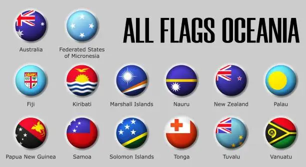 Vector illustration of Set flags Oceania on glossy sphere with shadow with names