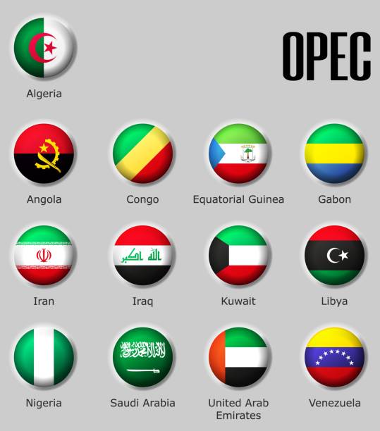 Set flags OPEC on glossy sphere with shadow with names Set flags OPEC on glossy sphere with shadow with names on a gray background opec stock illustrations