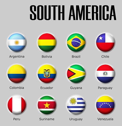 Set flags South America on glossy sphere with shadow with names on a gray background