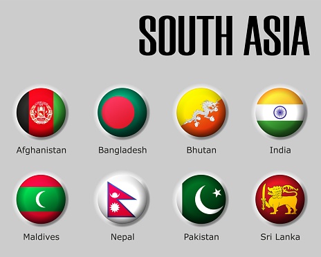 Set flags south Asia on glossy sphere with shadow with names on a gray background