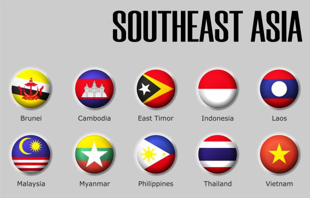 Set flags southeast Asia on glossy sphere with shadow with names Set flags southeast Asia on glossy sphere with shadow with names on a gray background thailand flag round stock illustrations