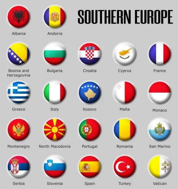 Vector illustration of Set flags Southern Europe on glossy sphere with shadow with names