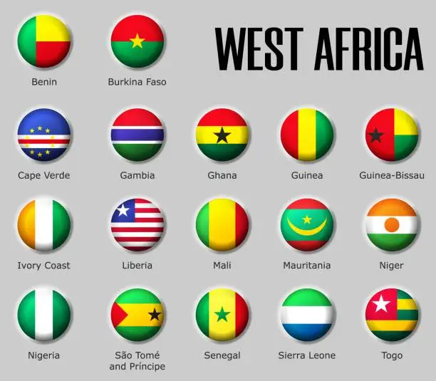 Vector illustration of Set flags West Africa on glossy sphere with shadow with names