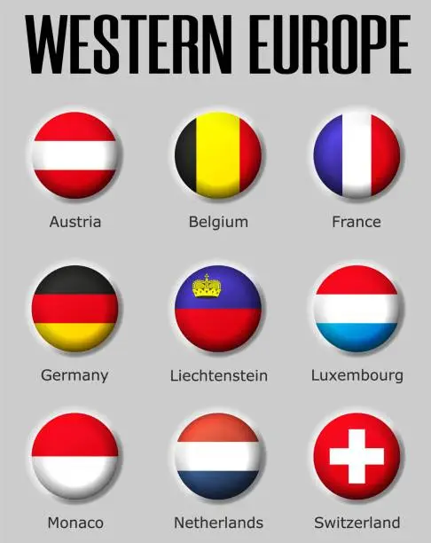 Vector illustration of Set flags Western Europe on glossy sphere with shadow with names