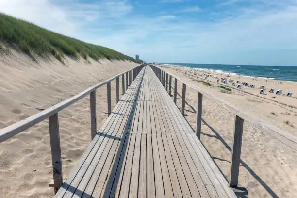 Panoramic view of one of Germany’s most famous travel destinations, dune vegetation, beach and North Sea, sky, people in the background are not to identify even when zoomed in, lot of copy space, selected focus