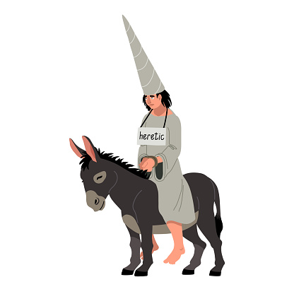 An unhappy heretic in a cone cap rides a donkey. Color vector illustration isolated on a white background in a cartoon and flat design.