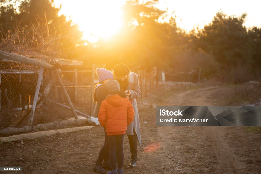 They look the video on mobile phone. Happy family. Sunshine behind of family 25-29 Years Stock Photo