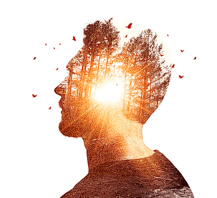 Vector illustration Multiple Exposure of young man and nature