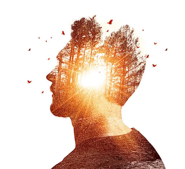 Vector illustration of Multiple Exposure of young man and nature