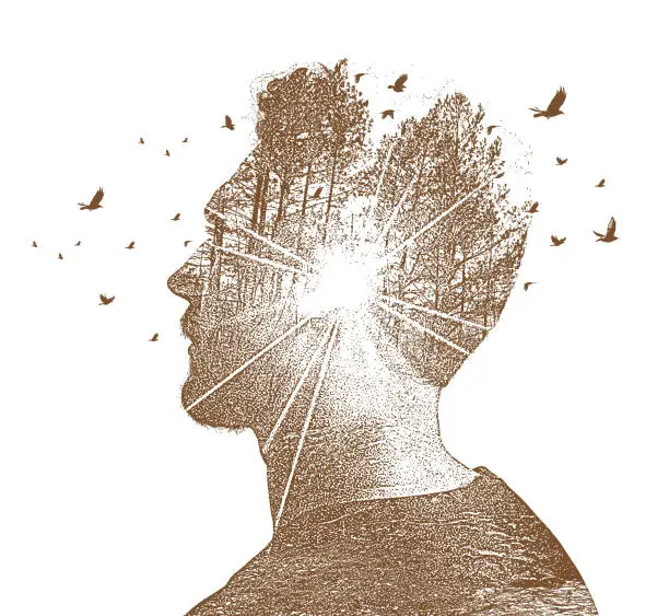 Vector illustration of Multiple Exposure of young man and nature