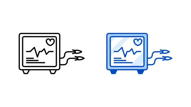 ilustraciones, imágenes clip art, dibujos animados e iconos de stock de conjunto de iconos de dispositivos ecg modernos. icono lineal y de color de la colección de dispositivos de monitor de cardio simple moderno. - pain heart attack heart shape healthcare and medicine