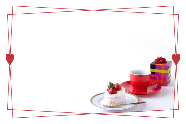 frame of strawberry cake and coffee and gift