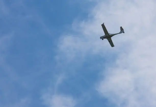Photo of small plane flying low in the sky with space for text