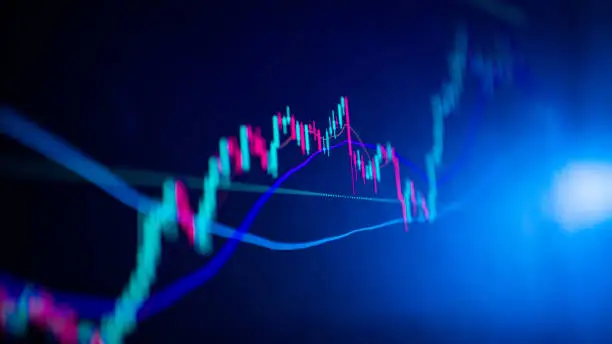 The market volatility of crypto trading with technical price graph and indicator, red and green candlesticks, for analysis up and downtrend. Stock trading, crypto currency background concept.