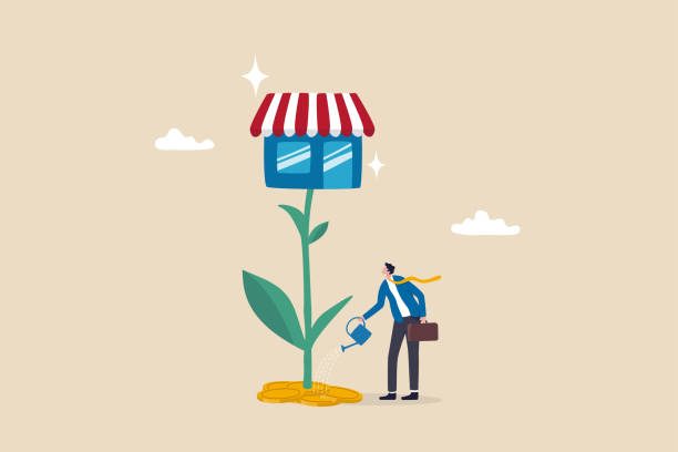 Grow your shop and earn more profit, expand store front or grow small business, marketing to promote shop increase revenue concept, businessman pouring water to grow plant with big store shop flower. Grow your shop and earn more profit, expand store front or grow small business, marketing to promote shop increase revenue concept, businessman pouring water to grow plant with big store shop flower. small business stock illustrations