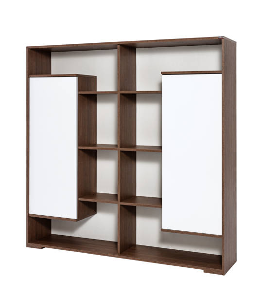 istock Empty wooden bookshelf isolated on white background 1365587315