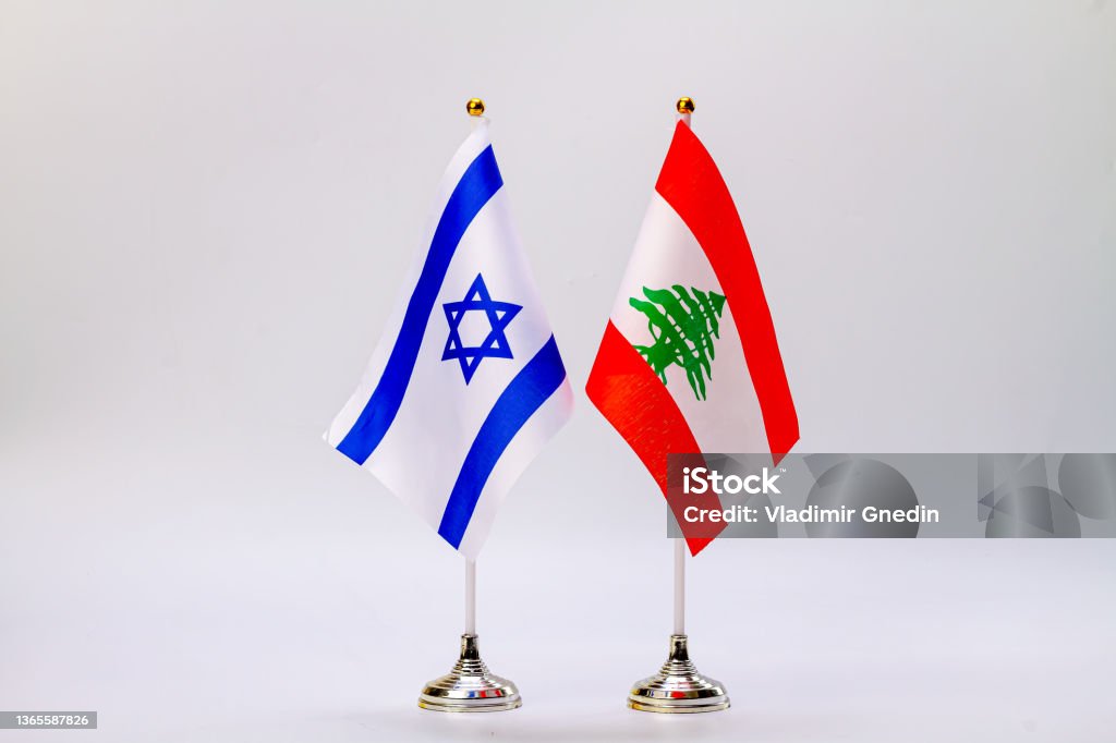 State flags of Israel and Lebanon on a light background. State flags. State flags of Israel and Lebanon on a light background. Israel Stock Photo