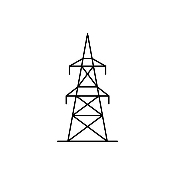 ilustraciones, imágenes clip art, dibujos animados e iconos de stock de línea de transmisión de electricidad. icono de línea eléctrica aérea. poste eléctrico de alta tensión. - torre de conducción eléctrica