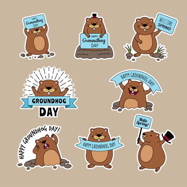 ilustraciones, imágenes clip art, dibujos animados e iconos de stock de día de la marmota. insignias de anuncios con divertidos símbolos de marmota feliz de bucle de tiempo recientes de etiquetas vectoriales colecciones con lugar para texto - groundhog