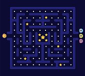 istock Arcade maze. Pacman background, pac man retro video computer game. Labyrinth defender and monsters. Kids app play in 80s style, videogame level decent vector design 1365594092