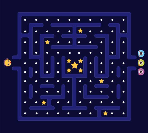 Arcade maze. Pacman background, pac man retro video computer game. Labyrinth defender and monsters. Kids app play in 80s style, videogame level decent vector design Arcade maze. Pacman background, pac man retro video computer game. Labyrinth defender and monsters. Kids app play in 80s style, videogame level vector design. Illustration of game arcade labyrinth maze stock illustrations