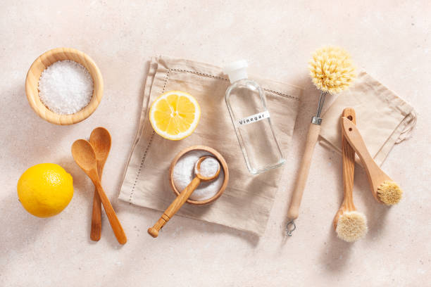 istock zero waste eco friendly cleaning concept. wooden brushes, lemon, baking soda, vinegar 1365594142