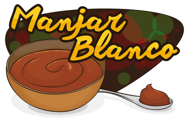 맛있는 그릇과 숟가락 콜롬비아 블랑망지와 인사말 기호, 벡터 일러스트 - blancmange stock illustrations