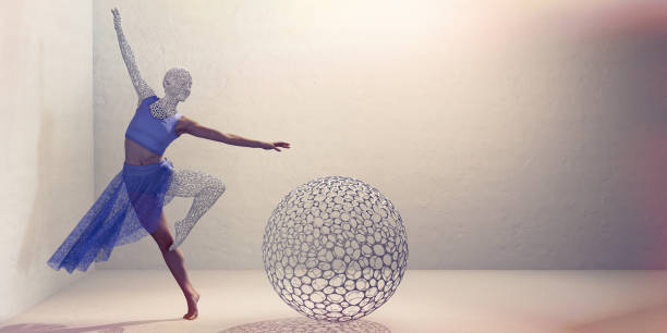 Abstract Image of Ballet Dancer - Part Human, Part Hollow Frame Conceptual image of a female ballet dancer in mid pose, with one leg bent and arms spread outwards, with leg arm and head made from a see through organic mesh framework dancing next to a sphere made from the same open holed mesh. Dancer is in white plastered wall room. agility abstract stock pictures, royalty-free photos & images