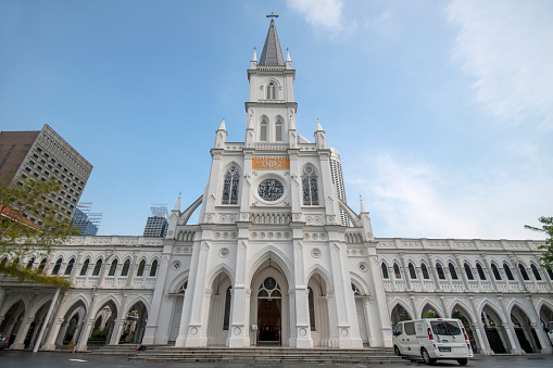 Singapore- 24 Oct, 2021: External view of Chijmes, a Gothic-style chapel in Singapore. Chijmes is a historic building complex and a Singaporean national monument.