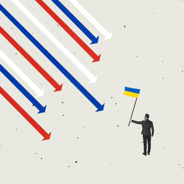 istock Contemporary art collage. Russian symbol arrows attacks Ukraine 1365596891