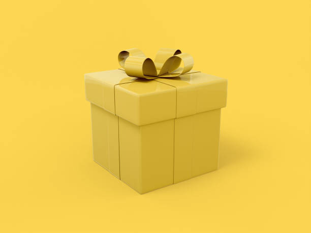 istock Yellow gift box with ribbon and bow on a yellow background. Minimalistic design object. 3d rendering icon ui ux interface element. 1365598347
