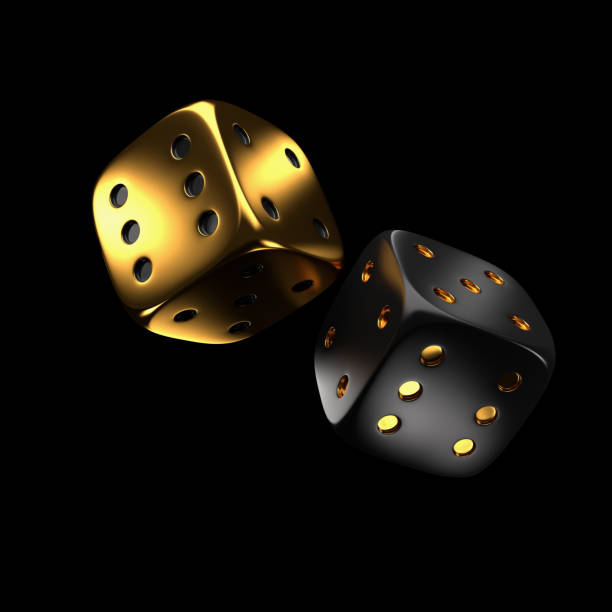 istock golden and black dice on a black background. 3d rendering 1365598648