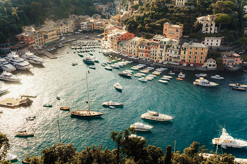 Liguria, Italy, Europe.  View from above over beautiful Portofino with colorful houses and villas,  in little bay harbor.