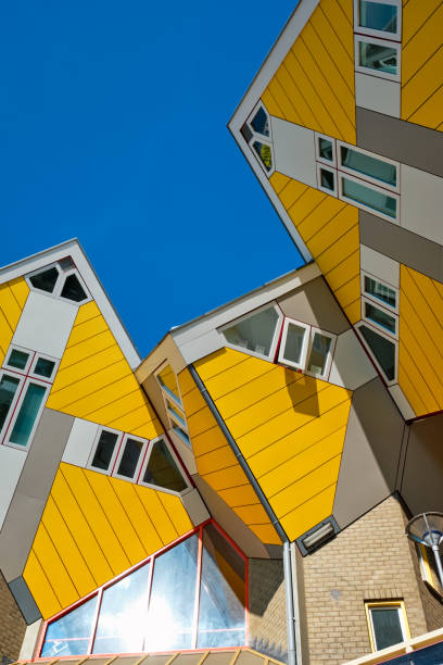 ROTTERDAM, NETHERLANDS - MAY 11, 2017: Cube houses - innovative cube-shaped houses designed by architect Piet Blom with idea to optimize space in Rotterdam, Netherlands now became a tourist attraction