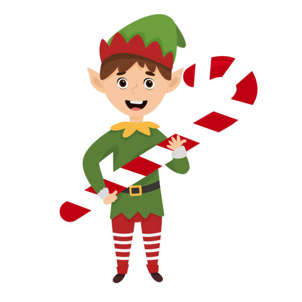 istock Cute Christmas elf with a big lollipop in his hands. Candy cane for Christmas. Santa Clauses Assistant 1365600333